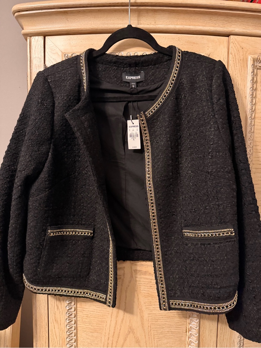 Express Black Tweed Open-Front Jacket with Gold Chain Trim